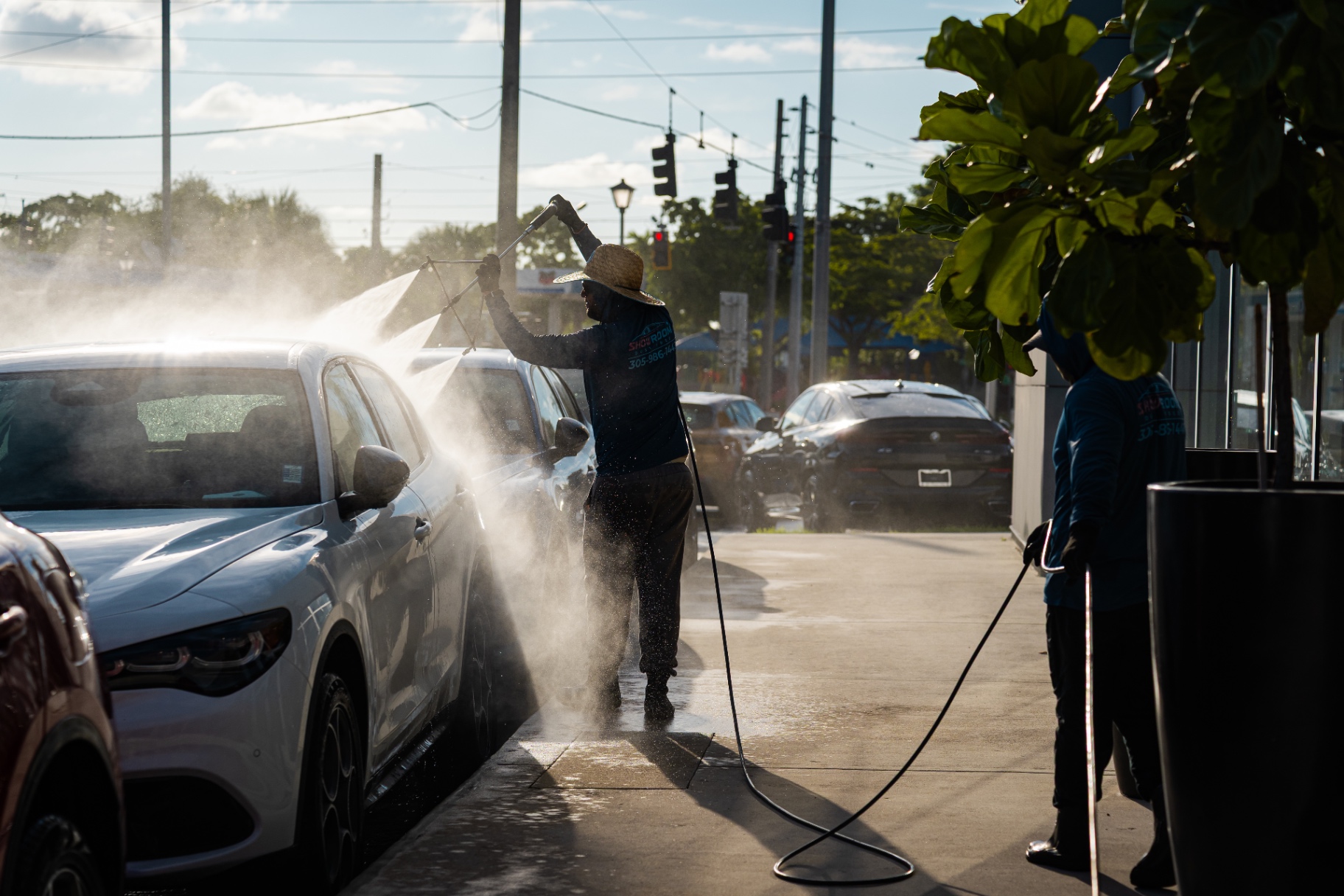 Crew washing dealership fleet at high volume